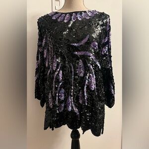 Vintage 80s Silk Top Beads & Sequins Glam XL Dolman